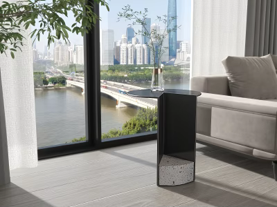 Modern Black Side Table with Stone Base Next to Light Grey Sofa and City View 3d model