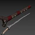 Sword Weapon With Wooden Hilt Red Wrapping And Silver Curved Engraved Blade