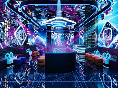 Modern KTV Interior Design With Neon Lights Mirrored Walls Bar Counter And Comfortable Sofas 3d model