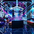 Modern KTV Interior Design With Neon Lights Mirrored Walls Bar Counter And Comfortable Sofas