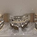 Elegant Modern Restaurant Interior With Wooden Tables Chairs Buffet Counter And Warm Lighting