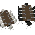 Modern Conference Table Setup With Black And White Chairs Laptop Water Bottles And Documents