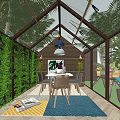 Glasshouse Garden Interior With Green Wall Table Chairs Hanging Lamp And Lush Green Plants