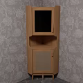 Wooden Corner Cabinet with Glass Door and Woven Panel Against Floral Patterned Wallpaper