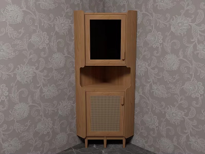 Wooden Corner Cabinet with Glass Door and Woven Panel Against Floral Patterned Wallpaper 3d model