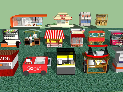 Colorful Outdoor Small Commercial Kiosks And Food Carts With Diverse Designs 3d model