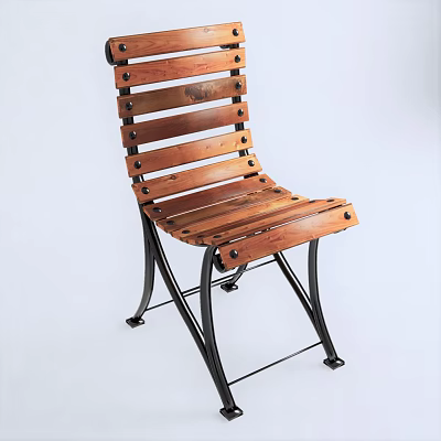 Modern Wooden Outdoor Chair With Slat Design And Black Metal Legs 3d model