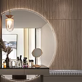 Modern Dressing Table With Circular Mirror Golden Handle Cabinets And Cosmetics On Soft Stool 3d model