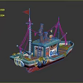 Colorful Cartoon Style Toy Boat With Red Flag Chimney And Lifebuoy Decorations