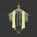 Woman Wearing Dark Long Dress with Green and Yellow Sleeves and Headpiece