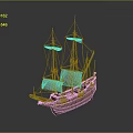 Ancient Wooden Sailing Ship with Multiple Masts and White Sails as Water Transport