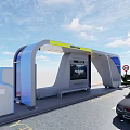 Modern Bus Station Design With White Sports Car Yellow Car Green Bus Display Screen Railings