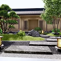 Karesansui Dry Landscape Garden With Raked Gravel Large Stones And Stone Lanterns
