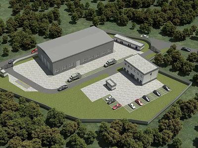 Industrial Factory With Parking Lot And Green Trees Surrounding The Facility Area 3d model