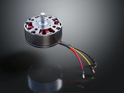 Brushless DC Motor With Metal Housing Red Coils Shaft And Connecting Wires 3d model