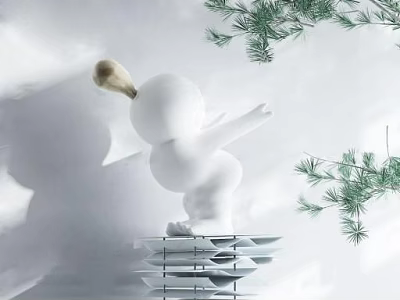 White Humanoid Figure Decorative Ornament Set with Spherical Headpiece Layered Base and Green Pine Branches 3d model