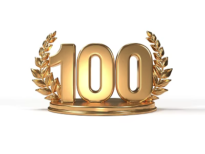 Gold Trophy With Number 100 And Laurel Wreath On Shiny Base 3d model