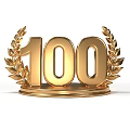 Gold Trophy With Number 100 And Laurel Wreath On Shiny Base
