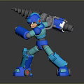 Blue Armored Robot Game Character in Dynamic Battle Stance with Drill Weapon
