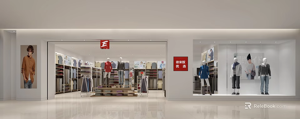 Modern Clothing Store Interior With Mannequins And Casual Apparel Displays 3d model 