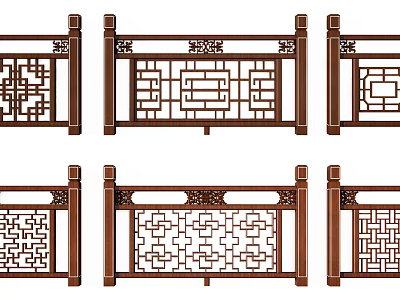 Traditional Chinese Wooden Railings With Various Carved Geometric And Classic Patterns 3d model