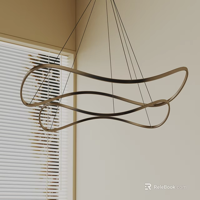 Modern Streamlined Chandelier With Curved Metal Design In Interior Space By Window Blinds 3d model 