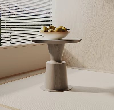 Wooden Side Table With Round Top Pedestal Base And Fruit Bowl By Window 3d model