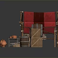 Red Canvas Tent With Wooden Barrels And Crates For Outdoor Living Supplies