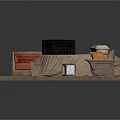 Detailed Scene Component With Curved Red Seats Table Cloth Black Box And Orange Cushion