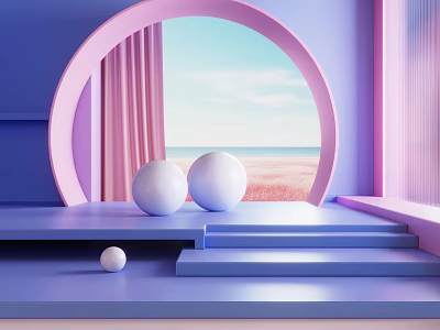 Modern Arched Frame Display Platform With Pink Purple Tones And Beach View White Spheres 3d model