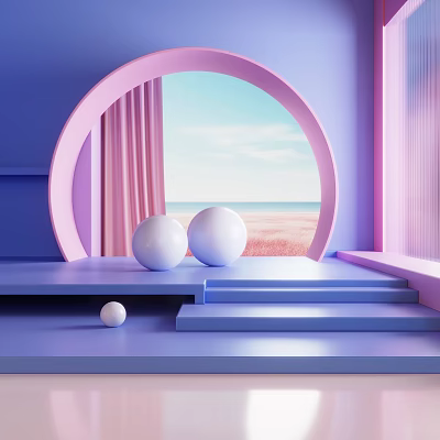Modern Arched Frame Display Platform With Pink Purple Tones And Beach View White Spheres 3d model