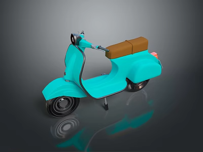 3D Rendered Light Blue Scooter With Brown Seat And Dark Background Reflection 3d model