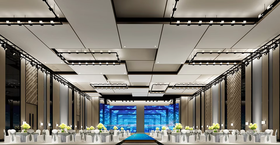 Luxurious Banquet Hall With Ceiling Lights Blue Backdrop White Tables And Yellow Flowers 3d model 