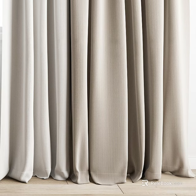 Modern Beige Curtains With Vertical Stripes And Textured Linen Fabric Design 3d model 
