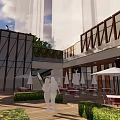 Illuminated Modern Commercial Street With Glass Facades Tall Buildings Greenery And Pedestrians