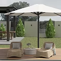 Outdoor Wooden Table In Backyard With Rattan Chairs White Umbrella Grass And Green Plants