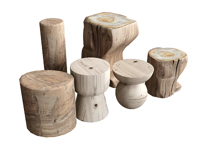 Various Natural Wood Stools With Tree Stump And Crafted Designs In Wooden Tones 3d model