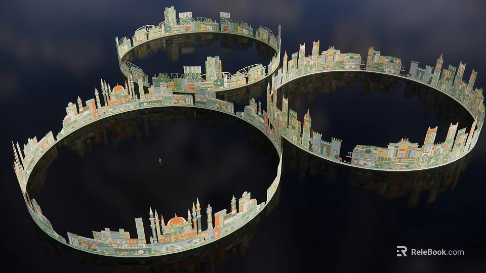 Creative Garden Landscape Design Featuring Circular Structures and Diverse Architectural Styles 3d model 
