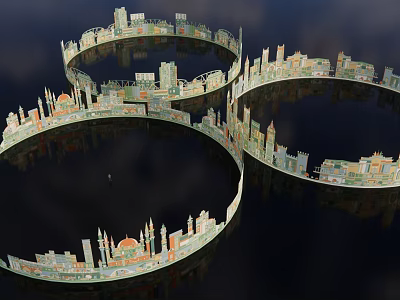 Creative Garden Landscape Design Featuring Circular Structures and Diverse Architectural Styles 3d model