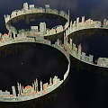 Creative Garden Landscape Design Featuring Circular Structures and Diverse Architectural Styles