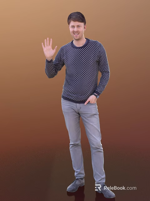 A Man Wearing Navy Blue Polka Dot Sweater And Light Gray Jeans Against Brown Background 3d model 