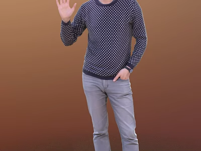 A Man Wearing Navy Blue Polka Dot Sweater And Light Gray Jeans Against Brown Background 3d model