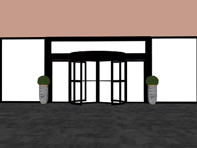 Modern Building Entrance With Revolving Door And Green Plant Planters 3d model