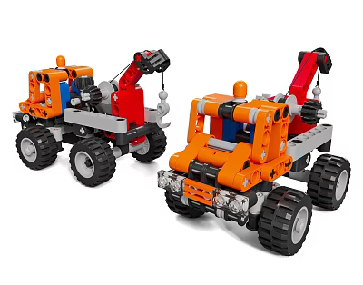 Colorful Building Blocks Constructed Toy Construction Vehicles Orange Red Crane Arms Black Wheels Design 3d model
