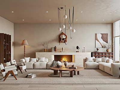 Modern Beige Living Room Interior With White Sofa Fireplace Pendant Lights And Wooden Coffee Table 3d model