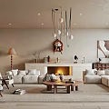 Modern Beige Living Room Interior With White Sofa Fireplace Pendant Lights And Wooden Coffee Table