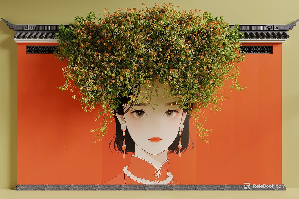 Lush Green Vines Hanging Over Traditional Qipao Woman On Red Wall With Eaves 3d model 