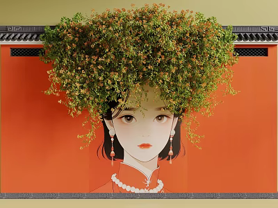 Lush Green Vines Hanging Over Traditional Qipao Woman On Red Wall With Eaves 3d model