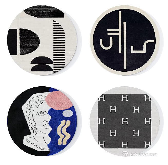 Stylish Round Rugs With Geometric Abstract Face And Letter Patterns Design 3d model