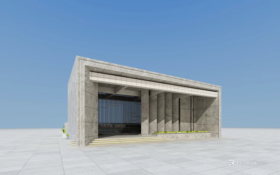 Modern Gray Stone Entrance Gate With Geometric Design Columns Steps And Green Plants 3d model 